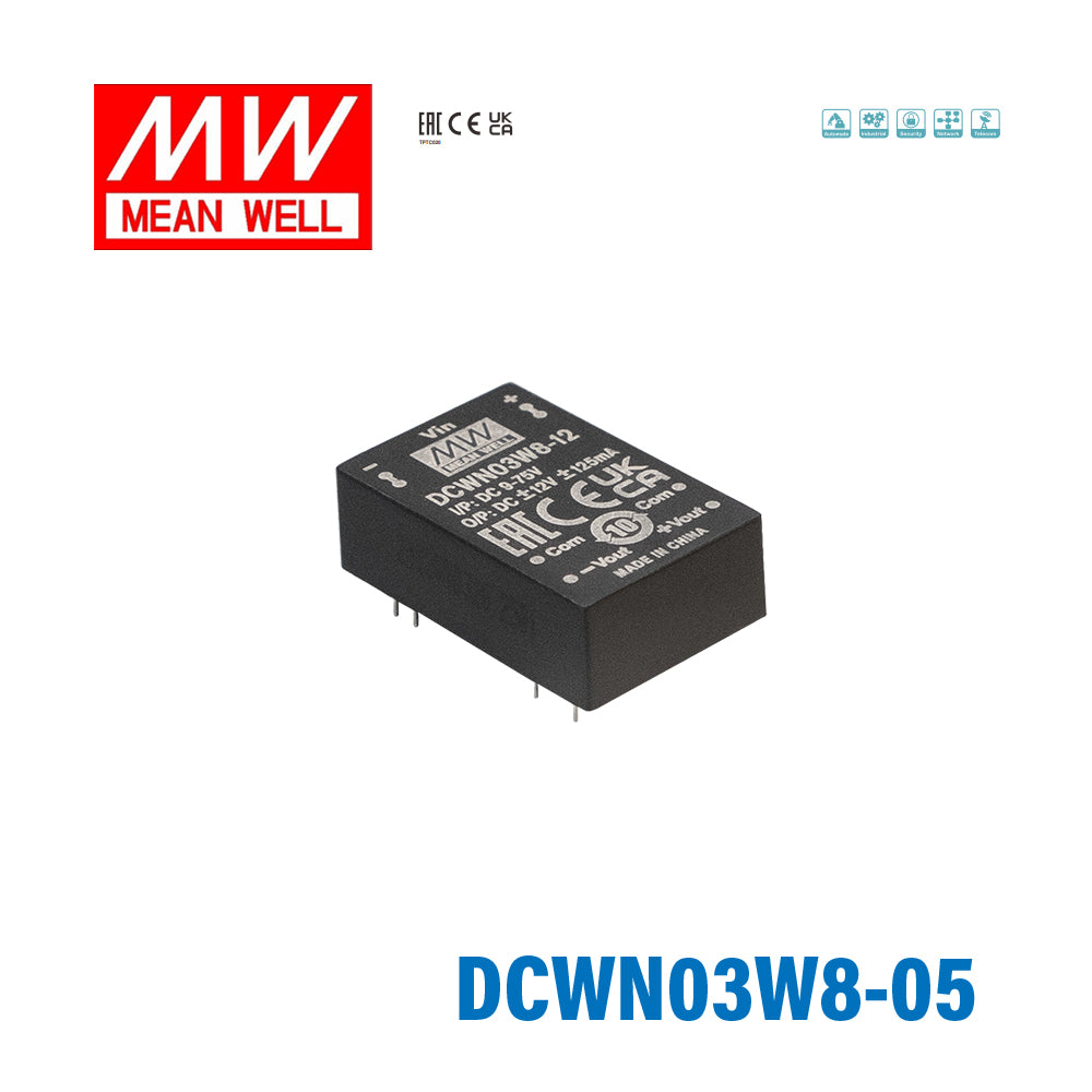 Mean Well DCWN03W8-05 DC-DC Converter - 3W 9~75V DC in ±5V out 300mA
