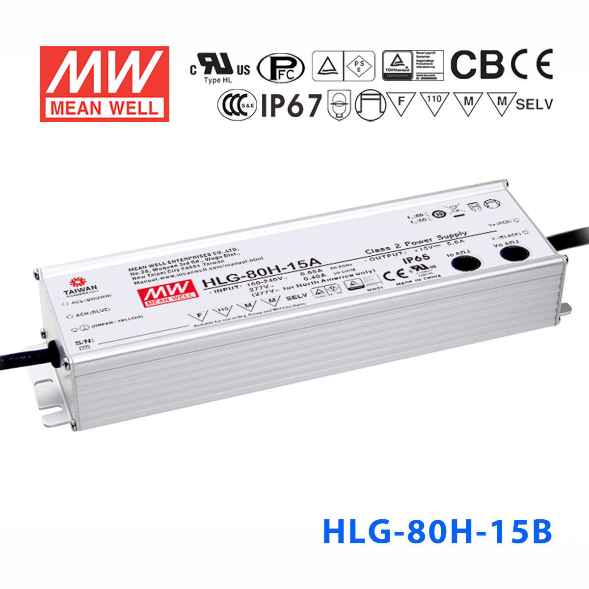 Mean Well HLG-80H-15AB Power Supply 75W 15V - Adjustable and Dimmable 5A