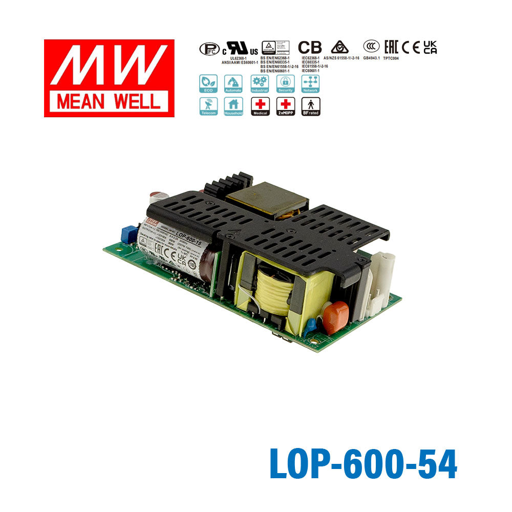 Mean Well LOP-600-54 600W 5"×3" Low Profile Open Frame Power Supply 54V 7.4A