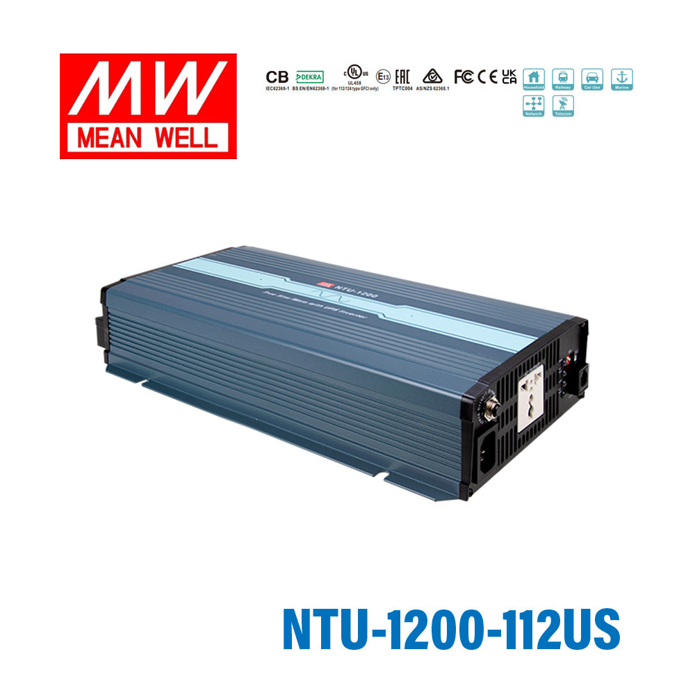 Mean Well NTU-1700-112US True Sine Wave DC-AC Inverter 1700W 110V out 12V in with US Socket, with AC by-pass function