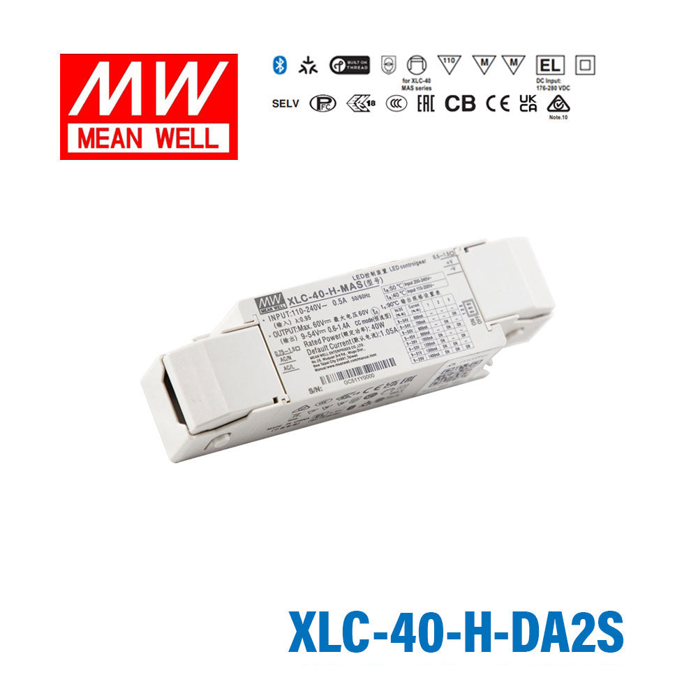 Mean Well XLC-40-H-DA2S LED Driver 40W 1050mA 9~54V Constant Power, DALI2 + Push Dimming with Strain-relief, Current Setting by Dip Switch