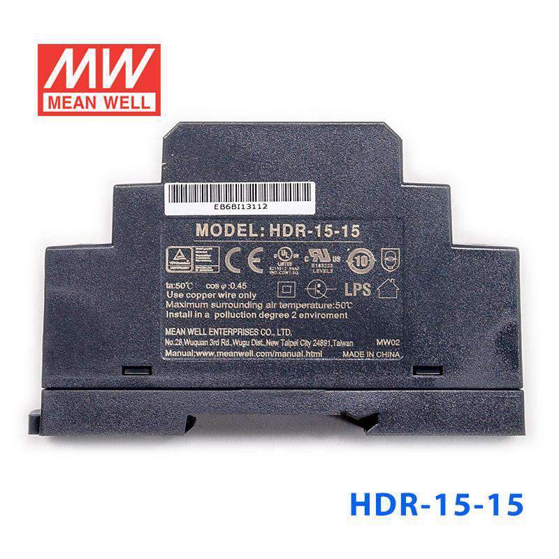 Mean Well HDR-15-15 Ultra Slim Step Shape Power Supply 15W 15V 1A - DIN Rail