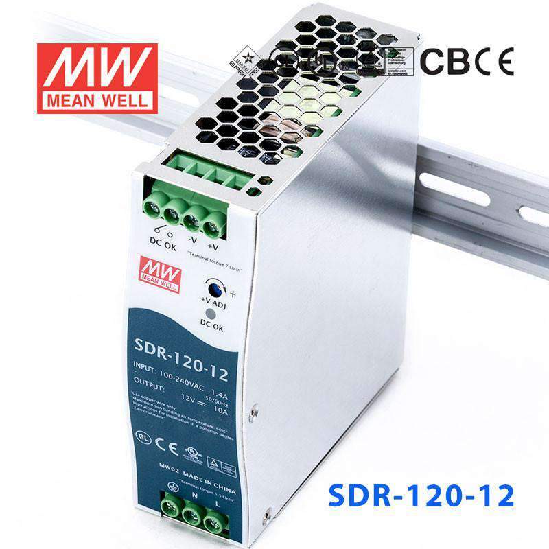 Mean Well SDR-120-12 Single Output Industrial Power Supply 120W 12V 10A - DIN Rail