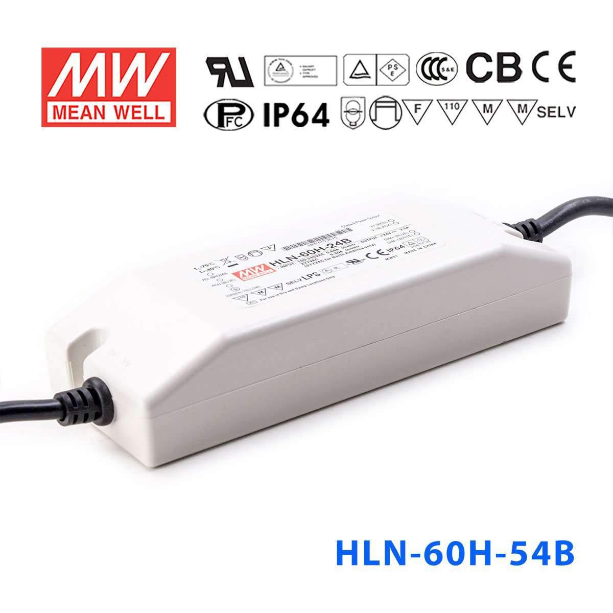 Mean Well HLN-60H-54B Power Supply 60W 54V - IP64, Dimmable