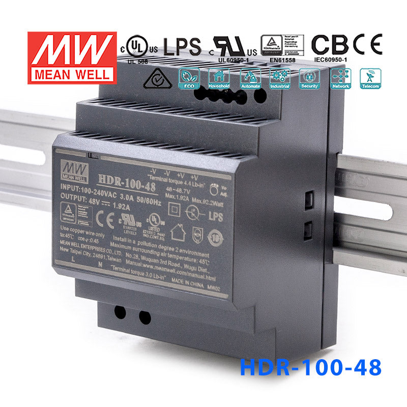 Mean Well HDR-100-48 Ultra Slim Step Shape Power Supply 100W 48V 1.92A - DIN Rail