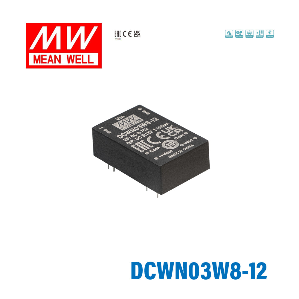 Mean Well DCWN03W8-12 DC-DC Converter - 3W 9~75V DC in ±12V out 125mA