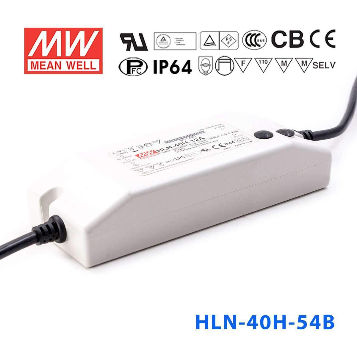 Mean Well HLN-40H-54B Power Supply 40W 54V - IP64, Dimmable 750mA