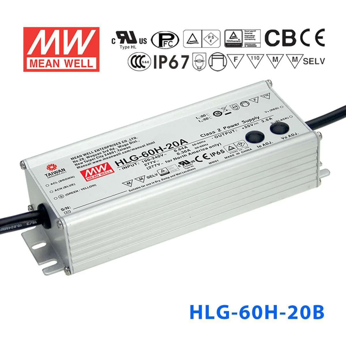 Mean Well HLG-60H-20B Power Supply 60W 20V - Dimmable
