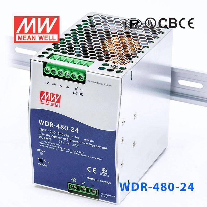 Mean Well WDR-480-24 Single Output Industrial Power Supply 480W 24V 20A - DIN Rail