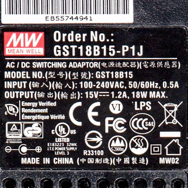 Mean Well GST18B15-P1JPower Supply 18W 15V 1.2A