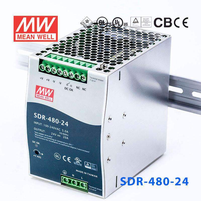 Mean Well SDR-480-24 Single Output Industrial Power Supply 480W 24V 20A - DIN Rail