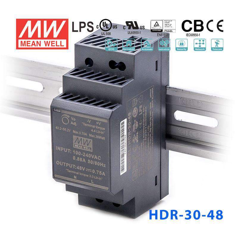 Mean Well HDR-30-48 Ultra Slim Step Shape Power Supply 30W 48V 0.75A - DIN Rail