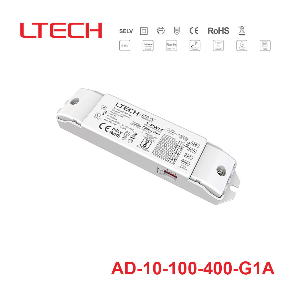 LTECH AD-10-100-400-G1A 10W 100 ~ 400mA CC 0/1-10V LED Driver - Selectable Output