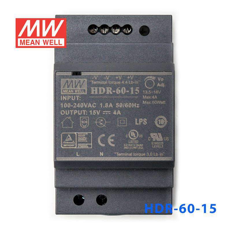Mean Well HDR-60-15 Ultra Slim Step Shape Power Supply 60W 15V 4A - DIN Rail
