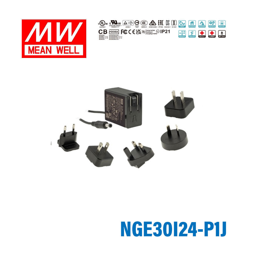 Mean Well NGE30I24-P1J AC-DC Wall-mounted Green Adaptor - Interchangeable Plug - 30W 24V 1.25A