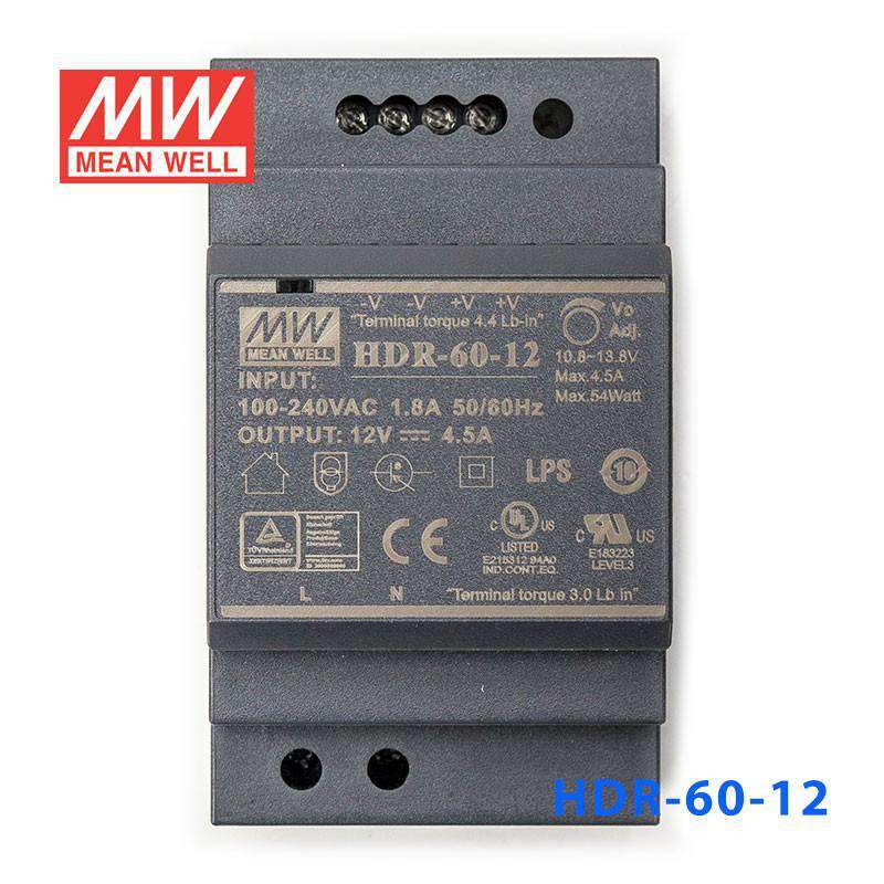 Mean Well HDR-60-12 Ultra Slim Step Shape Power Supply 60W 12V 4.5A - DIN Rail
