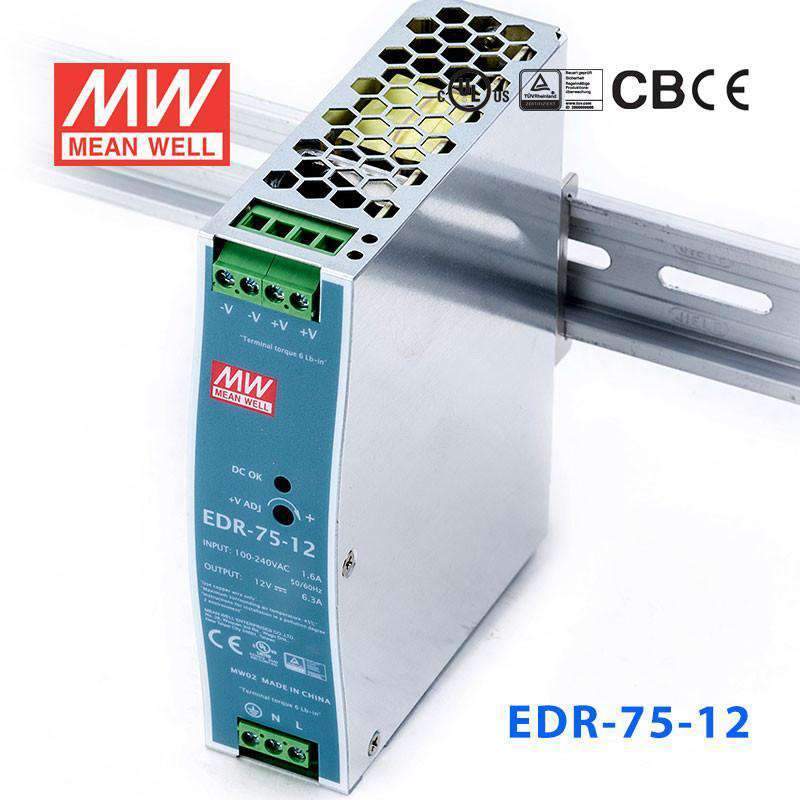 Mean Well EDR-75-12 Single Output Industrial Power Supply 75W 12V 6.3A - DIN Rail
