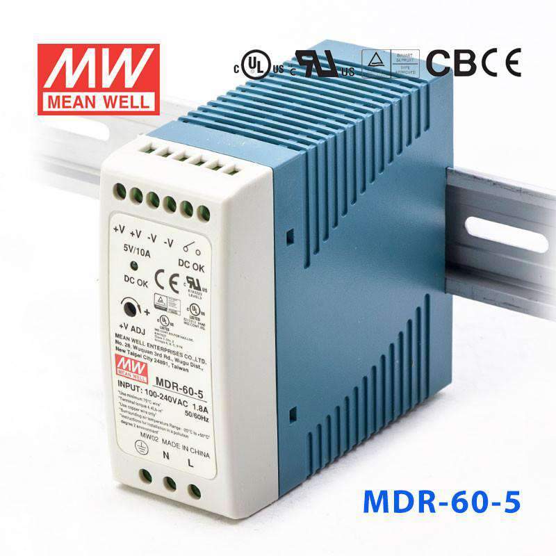 Mean Well MDR-60-5 Single Output Industrial Power Supply 60W 5V 10A - DIN Rail