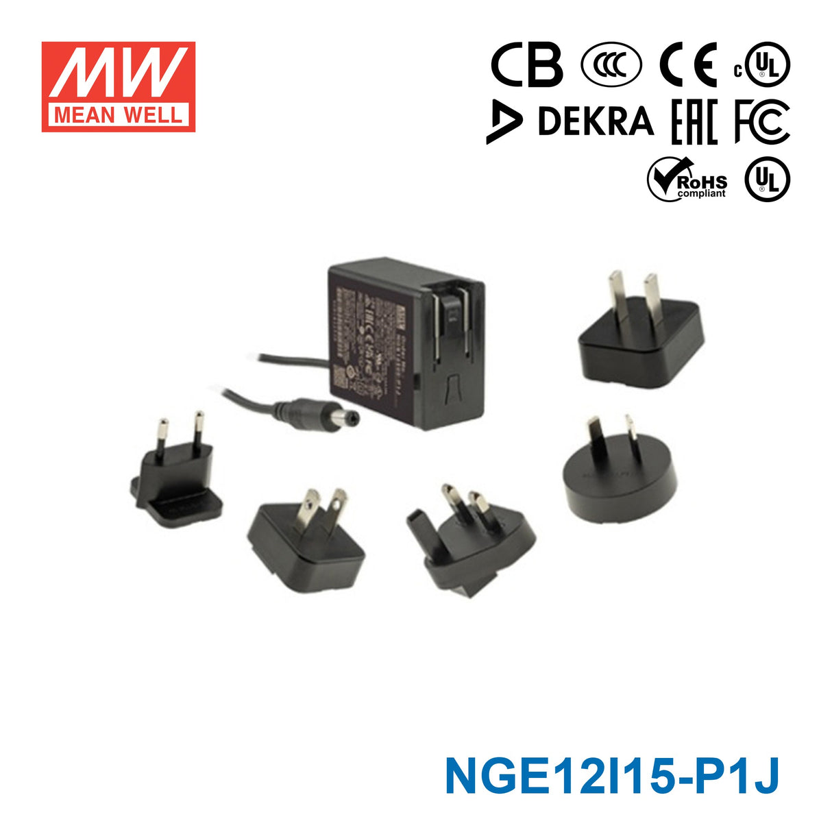 Mean Well NGE12I15-P1J AC-DC Wall-mounted Green Adaptor - Interchangeable Plug - 12W 15V 0.8A