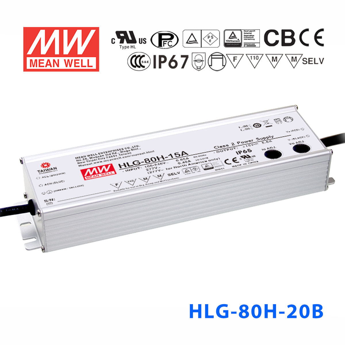 Mean Well HLG-80H-20AB Power Supply 80W 20V - Adjustable and Dimmable