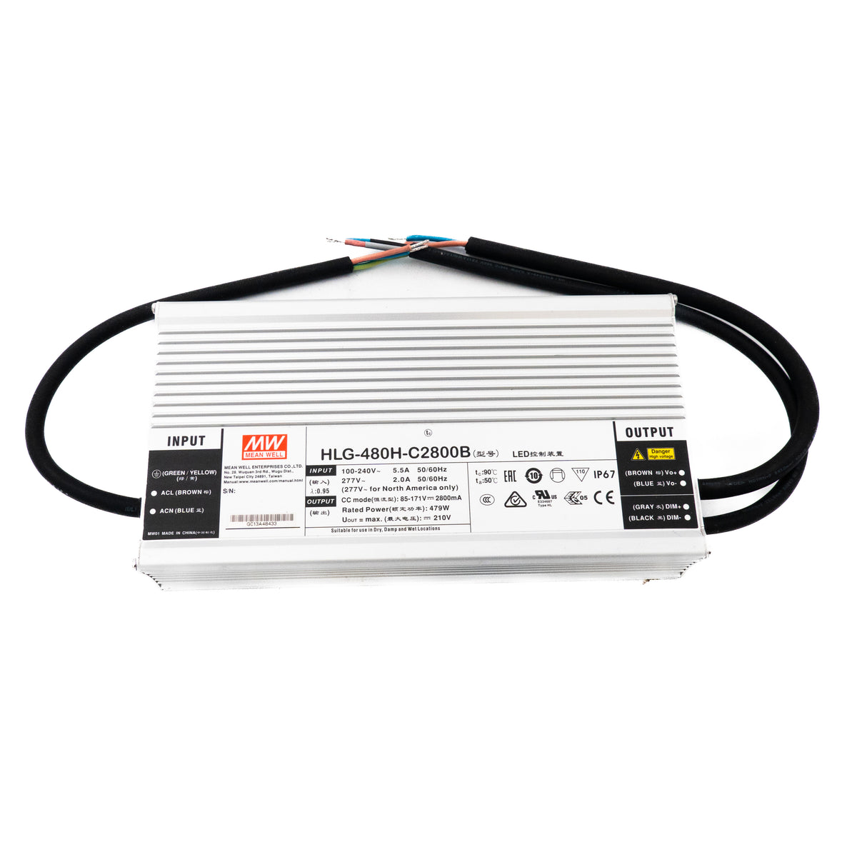 Mean Well HLG-480H-C2800B Power Supply 479W 2800mA - Dimmable