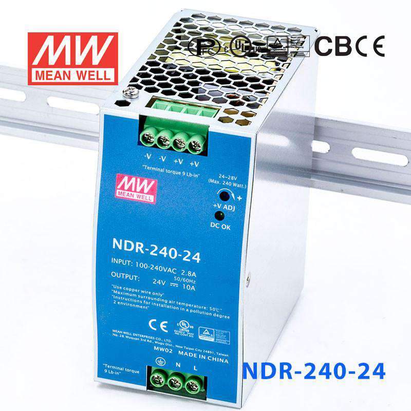 Mean Well NDR-240-24 Single Output Industrial Power Supply 240W 24V 10A - DIN Rail