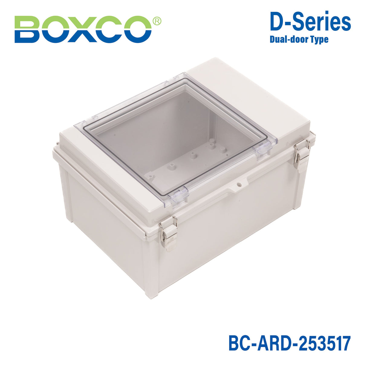 Boxco D - Series 13.78 x 9.84 x 6.69 Inches(350 x 250 x 170mm) All In One Dual Door Box Enclosure, IP67, IK08, ABS, Grey Cover - BC - ARD - 253517 - powersupplymall.com