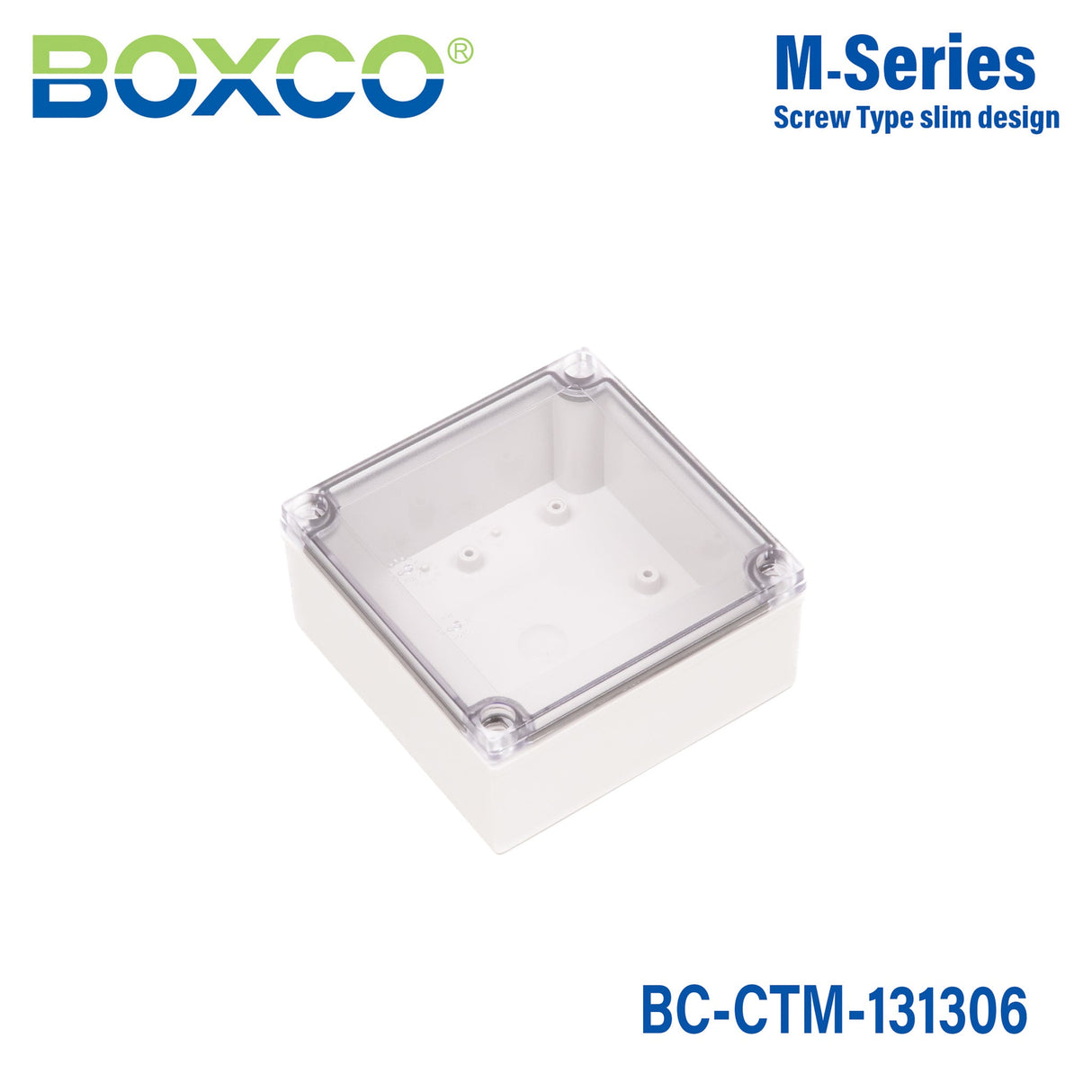 Boxco M - Series 5.12 x 5.12 x 2.36 Inches(130 x 130 x 60mm) Plastic Enclosure, IP67, IK08, PC, Transparent Cover, Screw Type - BC-CTM-131306 - powersupplymall.com
