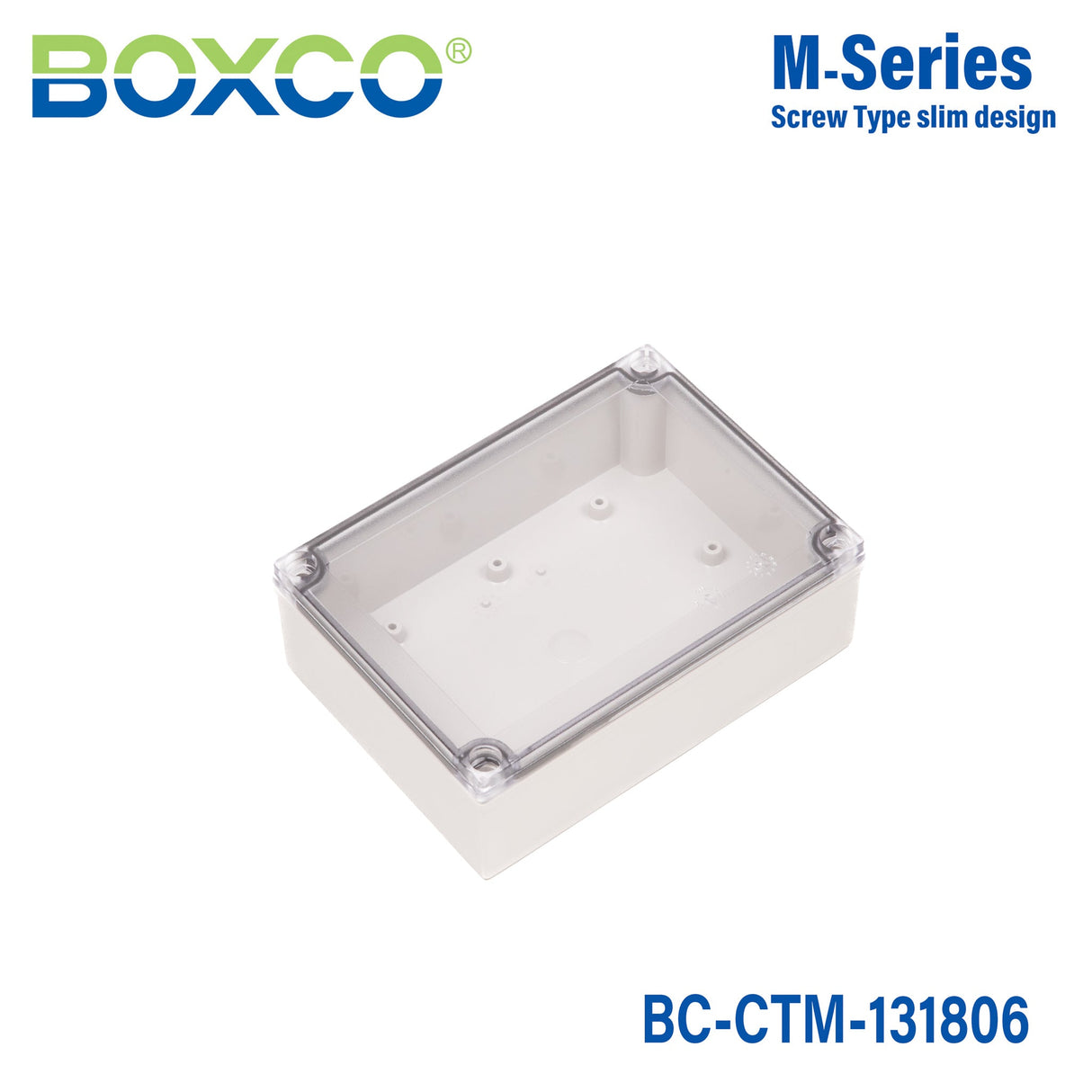 Boxco M - Series 5.12 x 7.09 x 2.36 Inches(130 x 180 x 60mm) Plastic Enclosure, IP67, IK08, PC, Transparent Cover, Screw Type - BC - CTM - 131806 - powersupplymall.com