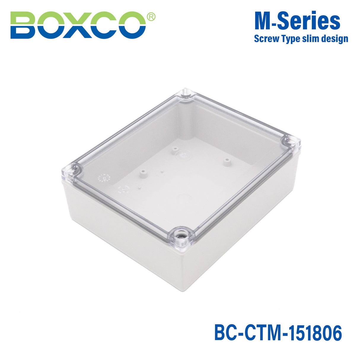Boxco M - Series 5.91 x 7.09 x 2.36 Inches(150 x 180 x 60mm) Plastic Enclosure, IP67, IK08, PC, Transparent Cover, Screw Type - BC-CTM-151806 - powersupplymall.com