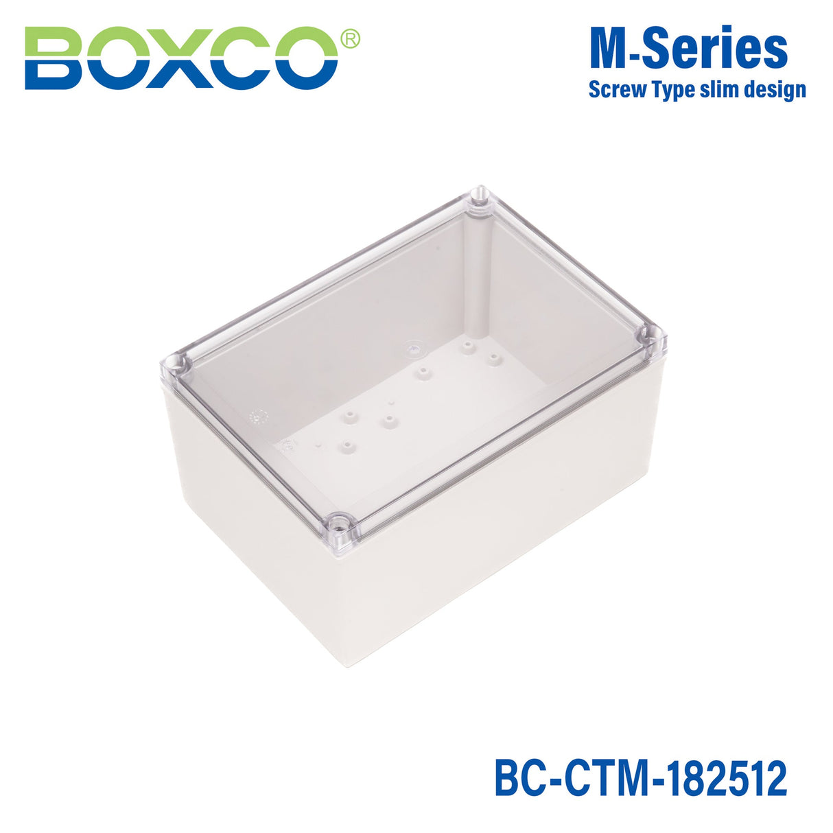 Boxco M - Series 7.09 x 10.04 x 4.92 Inches(180 x 255 x 125mm) Plastic Enclosure, IP67, IK08, PC, Transparent Cover, Screw Type - BC - CTM - 182512 - powersupplymall.com