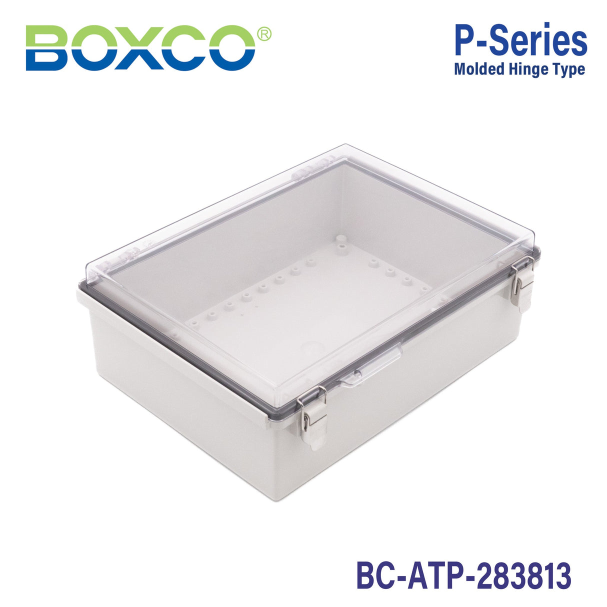 Boxco P - Series 11.02 x 14.96 x 5.12 Inches(280 x 380 x 130mm) Plastic Enclosure, IP67, IK08, ABS, Transparent Cover, Molded Hinge and Latch Type - BC - ATP - 283813 - powersupplymall.com