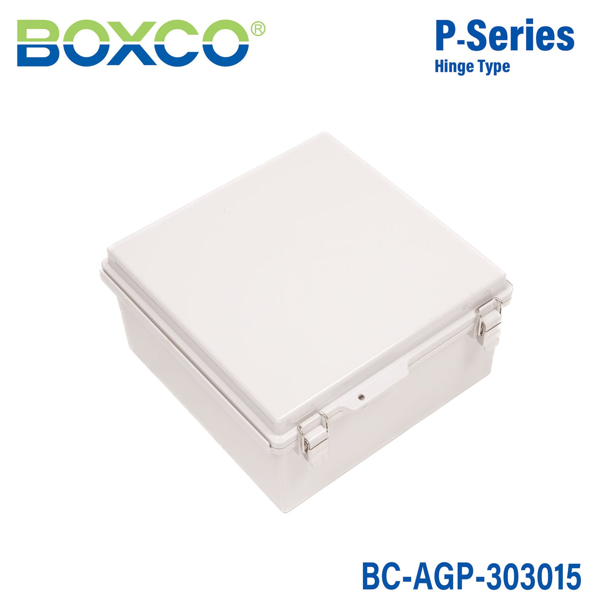 Boxco P - Series 11.81 x 11.81 x 5.91 Inches(300 x 300 x 150mm) Plastic Enclosure, IP67, IK08, ABS, Grey Cover, Molded Hinge and Latch Type - BC-AGP-303015 - powersupplymall.com