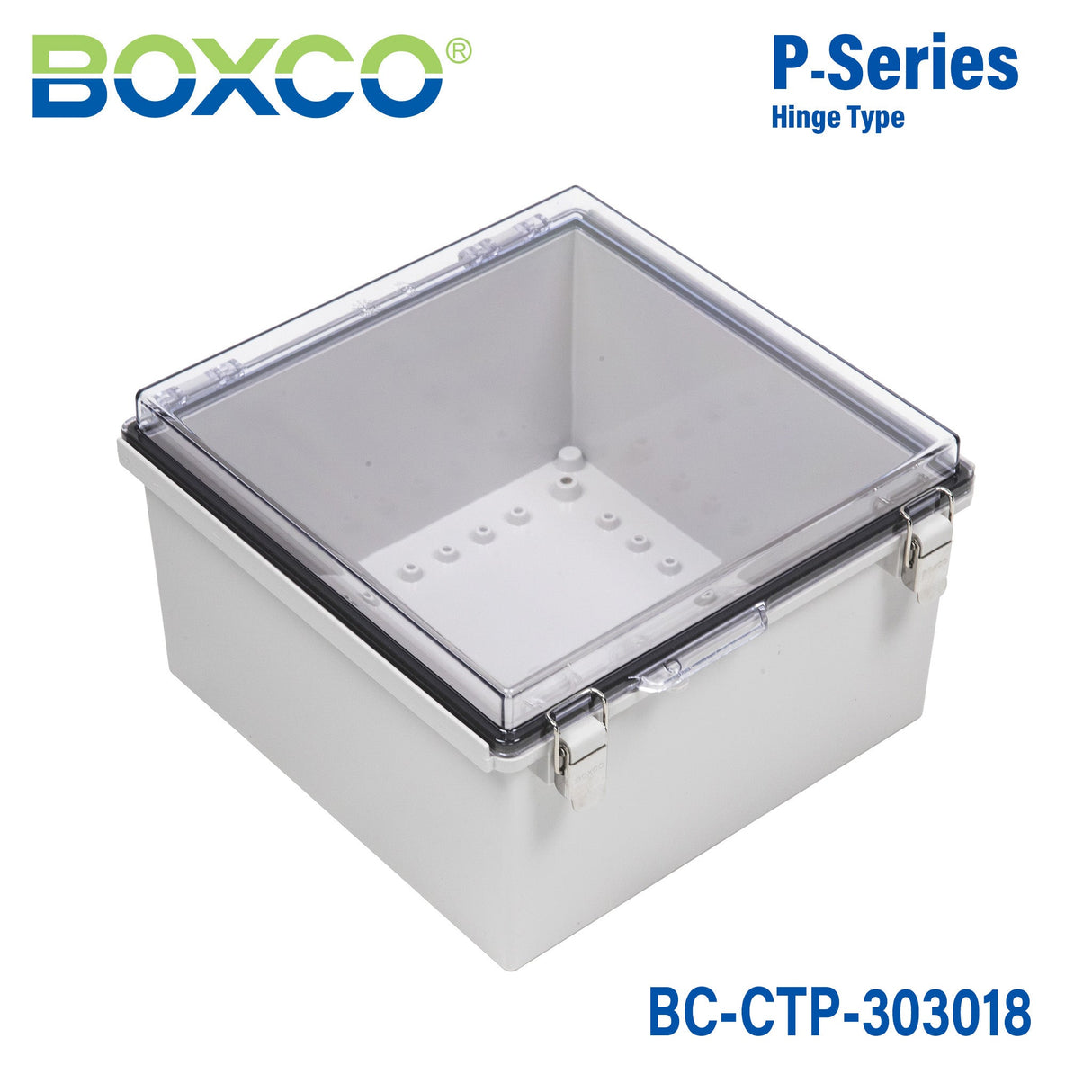Boxco P - Series 11.81 x 11.81 x 7.09 Inches(300 x 300 x 180mm) Plastic Enclosure, IP67, IK08, PC, Transparent Cover, Molded Hinge and Latch Type - BC - CTP - 303018 - powersupplymall.com