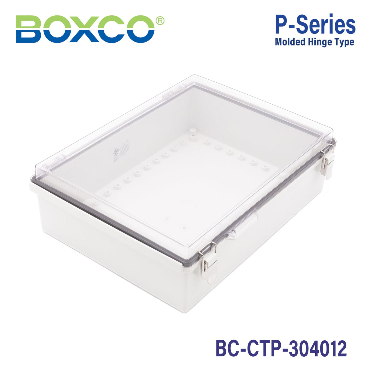 Boxco P - Series 11.81 x 15.75 x 4.72 inches(300 x 400 x 120mm) Plastic Enclosure, IP67, IK08, PC, Transparent Cover, Molded Hinge and Latch Type - BC - CTP - 304012 - powersupplymall.com