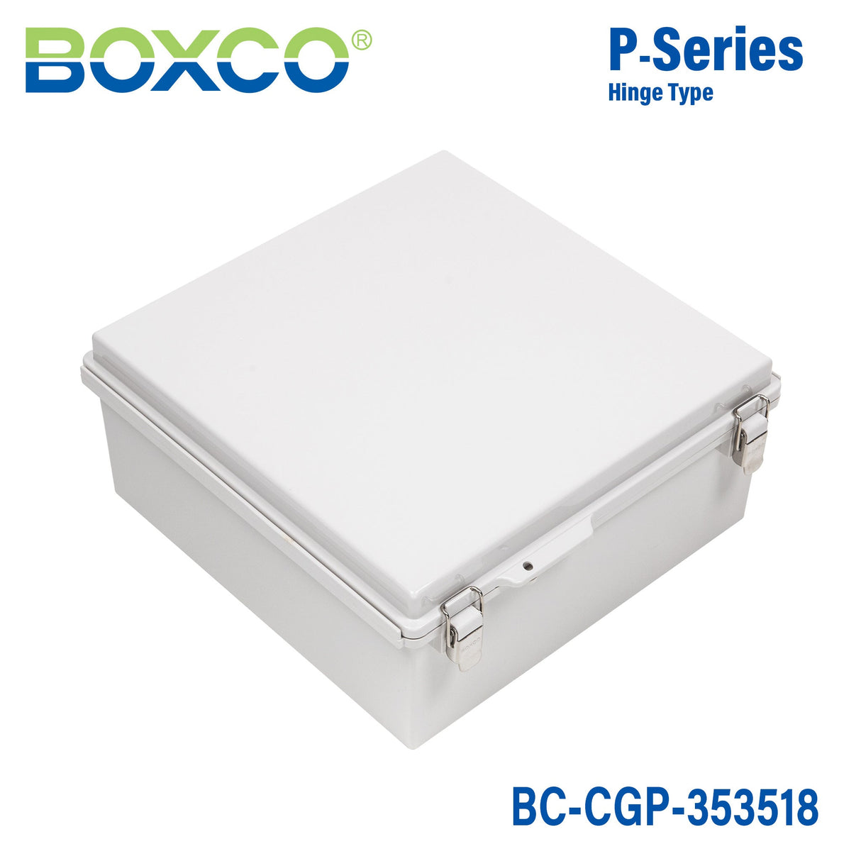 Boxco P - Series 13.78 x 13.78 x 7.09 Inches(350 x 350 x 180mm) Plastic Enclosure, IP67, IK08, PC, Grey Cover, Molded Hinge and Latch Type - BC-CGP-353518 - powersupplymall.com