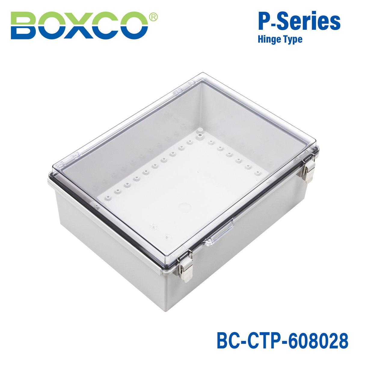 Boxco P - Series 24.80 x 32.68 x 11.22 Inches(630 x 830 x 285mm) Plastic Enclosure, IP67, IK08, PC, Transparent Cover, Molded Hinge and Latch Type - BC-CTP-608028 - powersupplymall.com