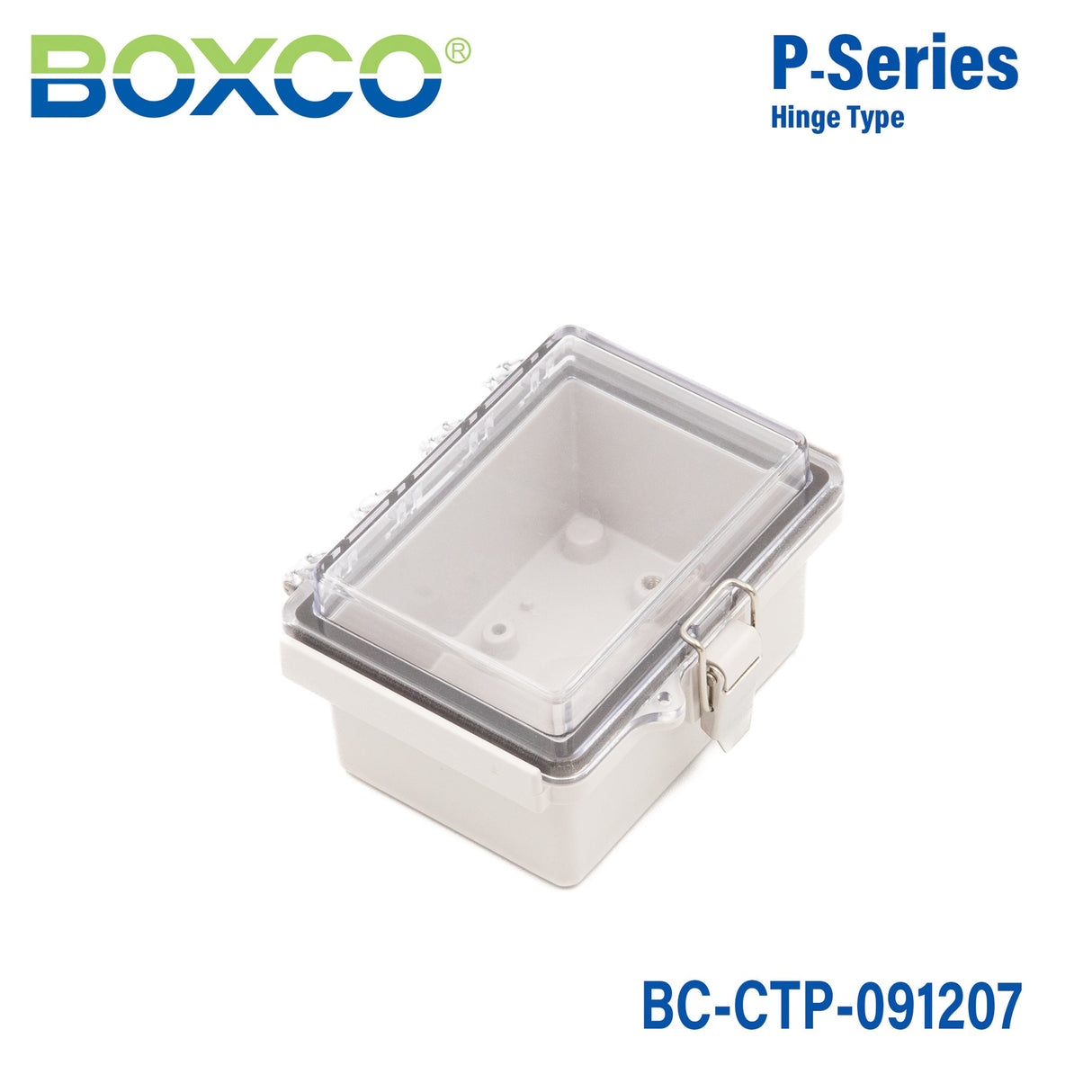 Boxco P - Series 3.54 x 4.72 x 2.76 Inches(90 x 120 x 70mm) Plastic Enclosure, IP67, IK08, PC, Transparent Cover, Molded Hinge and Latch Type - BC-CTP-091207 - powersupplymall.com