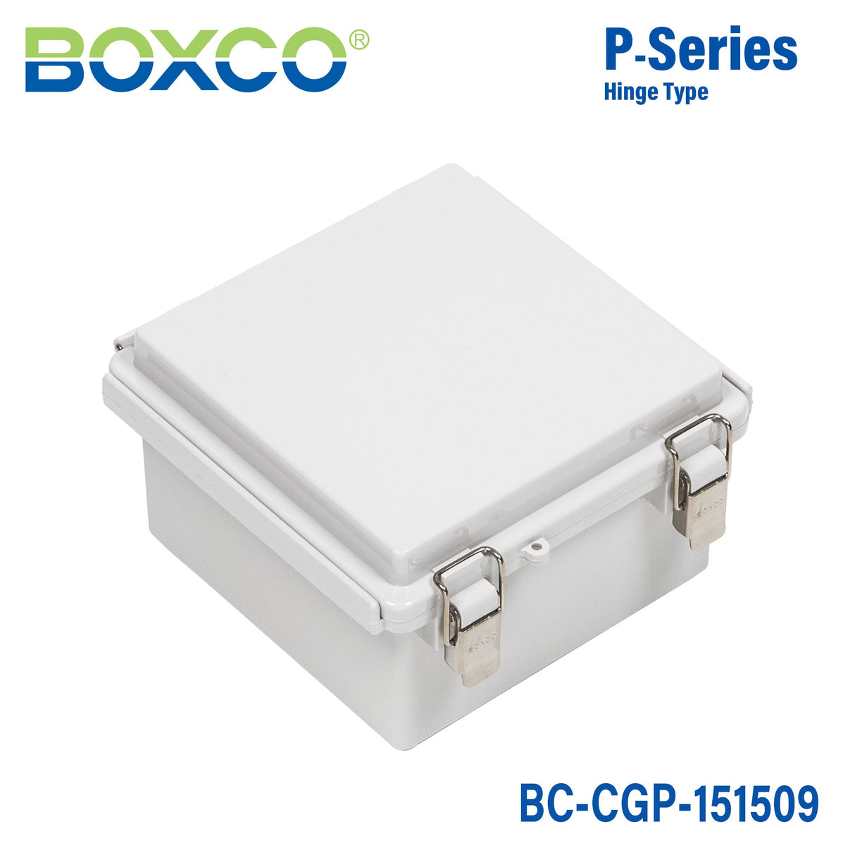 Boxco P - Series 5.91 x 5.91 x 3.54 Inches(150 x 150 x 90mm) Plastic Enclosure, IP67, IK08, PC, Grey Cover, Molded Hinge and Latch Type - BC - CGP - 151509 - powersupplymall.com