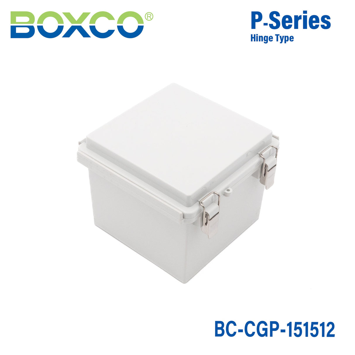 Boxco P - Series 5.91 x 5.91 x 4.72 Inches(150 x 150 x 120mm) Plastic Enclosure, IP67, IK08, PC, Grey Cover, Molded Hinge and Latch Type - BC-CGP-151512 - powersupplymall.com
