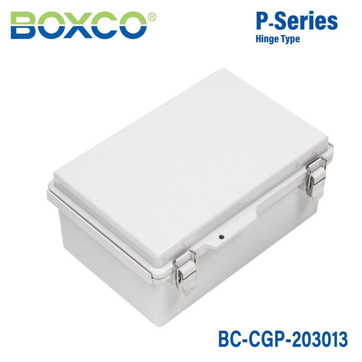 Boxco P - Series 7.87 x 11.81 x 5.12 Inches(200 x 300 x 130mm) Plastic Enclosure, IP67, IK08, PC, Grey Cover, Molded Hinge and Latch Type - BC - CGP - 203013 - powersupplymall.com