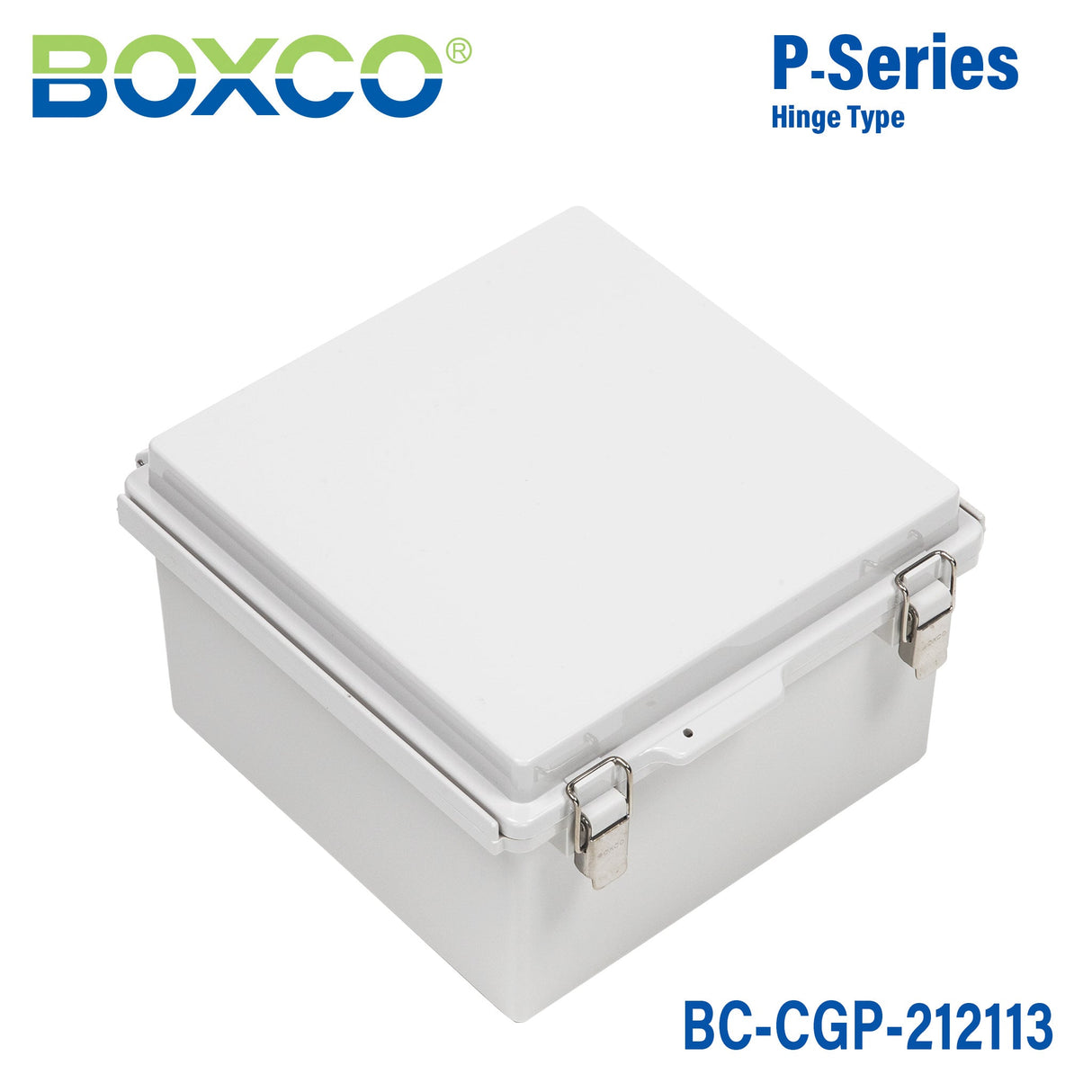 Boxco P - Series 8.27 x 8.27 x 5.12 Inches(210 x 210 x 130mm) Plastic Enclosure, IP67, IK08, PC, Grey Cover, Molded Hinge and Latch Type - BC-CGP-212113 - powersupplymall.com