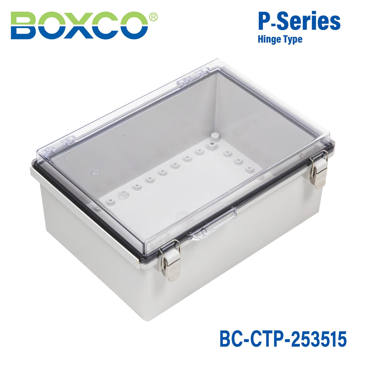 Boxco P - Series 9.84 x 13.78 x 5.91 Inches(250 x 350 x 150mm) Plastic Enclosure, IP67, IK08, PC, Transparent Cover, Molded Hinge and Latch Type - BC - CTP - 253515 - powersupplymall.com