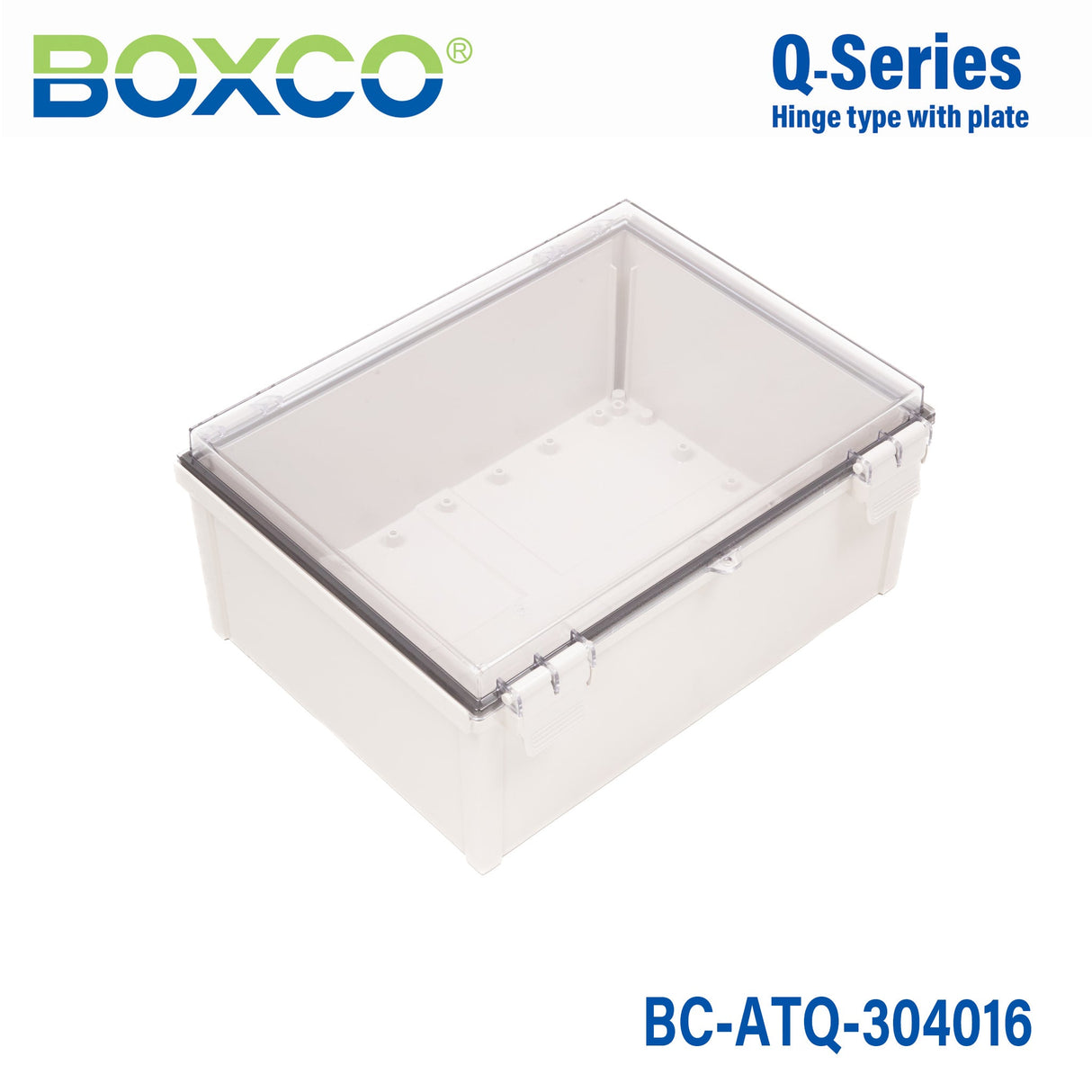 Boxco Q - Series 11.81 x 15.75 x 6.30 Inches(300 x 400 x 160mm) Plastic Enclosure, IP67, IK08, ABS, Transparent Cover, Plastic Hinge and Latch Type - BC - ATQ - 304016 - powersupplymall.com