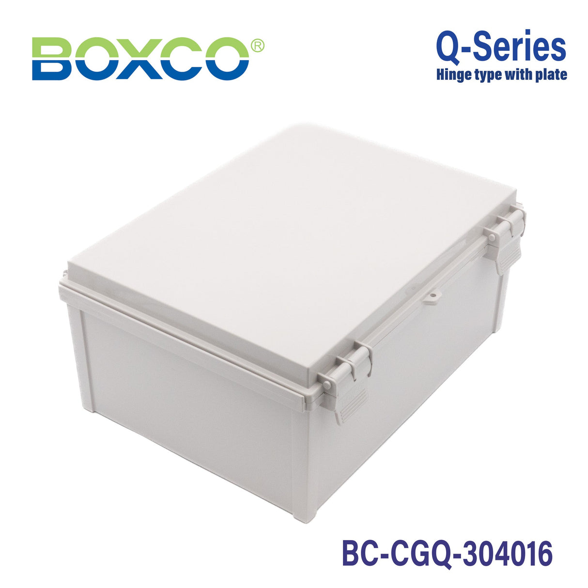 Boxco Q - Series 11.81 x 15.75 x 6.30 Inches(300 x 400 x 160mm) Plastic Enclosure, IP67, IK08, PC, Grey Cover, Plastic Hinge and Latch Type - BC-CGQ-304016 - powersupplymall.com