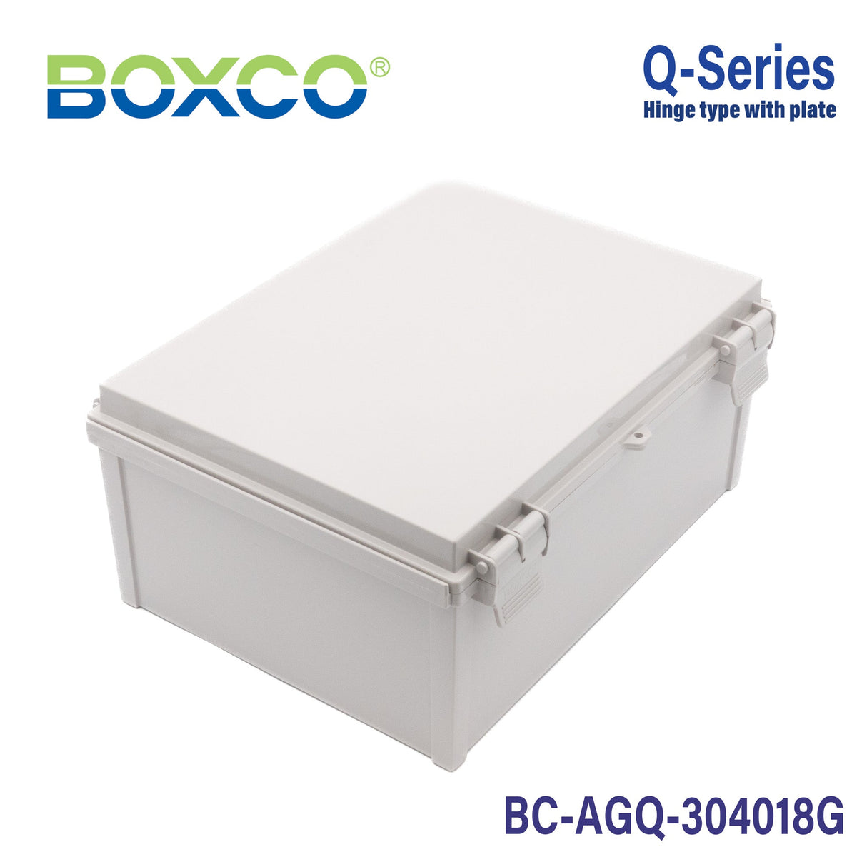 Boxco Q - Series 11.81 x 15.75 x 7.09 Inches(300 x 400 x 180mm) Plastic Enclosure, IP67, IK08, ABS, Grey Cover, Hinge Type with Plate - BC-AGQ-304018G - powersupplymall.com