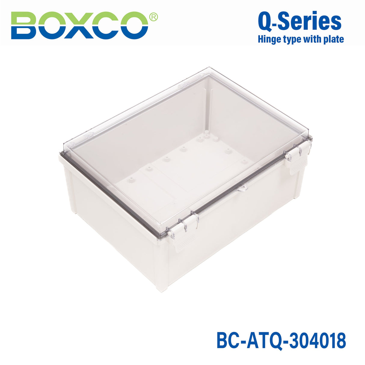 Boxco Q - Series 11.81 x 15.75 x 7.09 Inches(300 x 400 x 180mm) Plastic Enclosure, IP67, IK08, ABS, Transparent Cover, Plastic Hinge and Latch Type - BC - ATQ - 304018 - powersupplymall.com