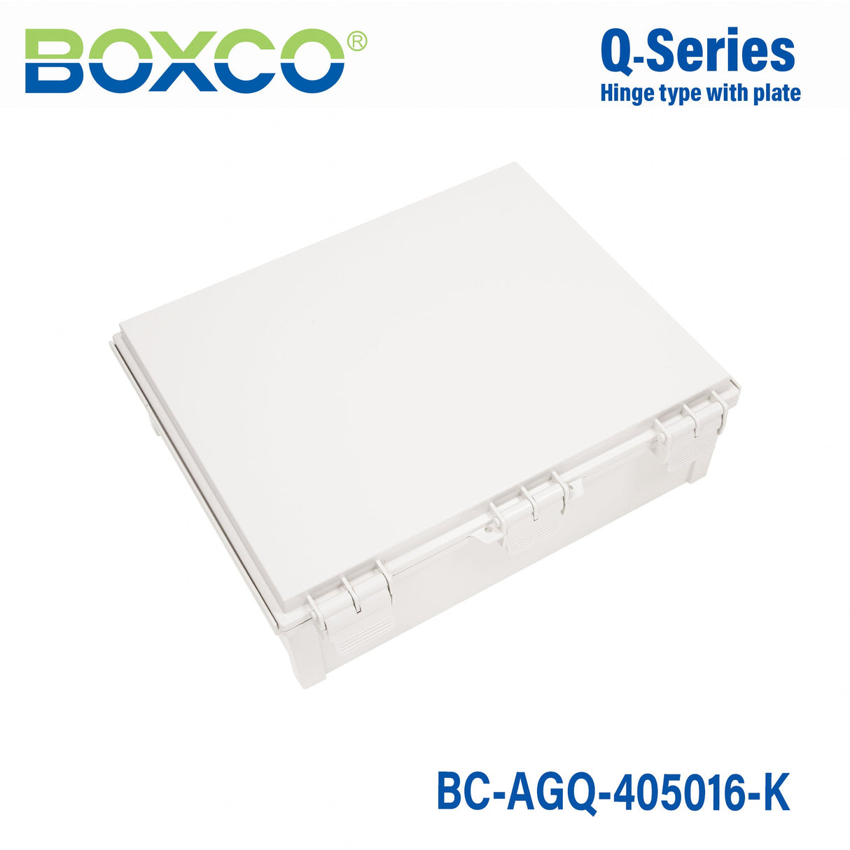 Boxco Q - Series 15.75 x 17.71 x 6.30 Inches(400 x 450 x 160mm) Plastic Enclosure, IP67, IK08, ABS, Grey Cover, Hinge Type with Plate - BC-AGQ-405016G - powersupplymall.com