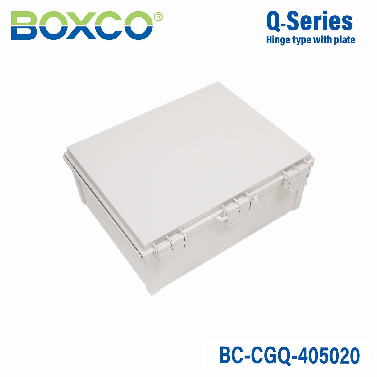 Boxco Q - Series 15.75 x 19.69 x 7.87 Inches(400 x 500 x 200mm) Plastic Enclosure, IP67, IK08, PC, Grey Cover, Plastic Hinge and Latch Type - BC-CGQ-405020 - powersupplymall.com