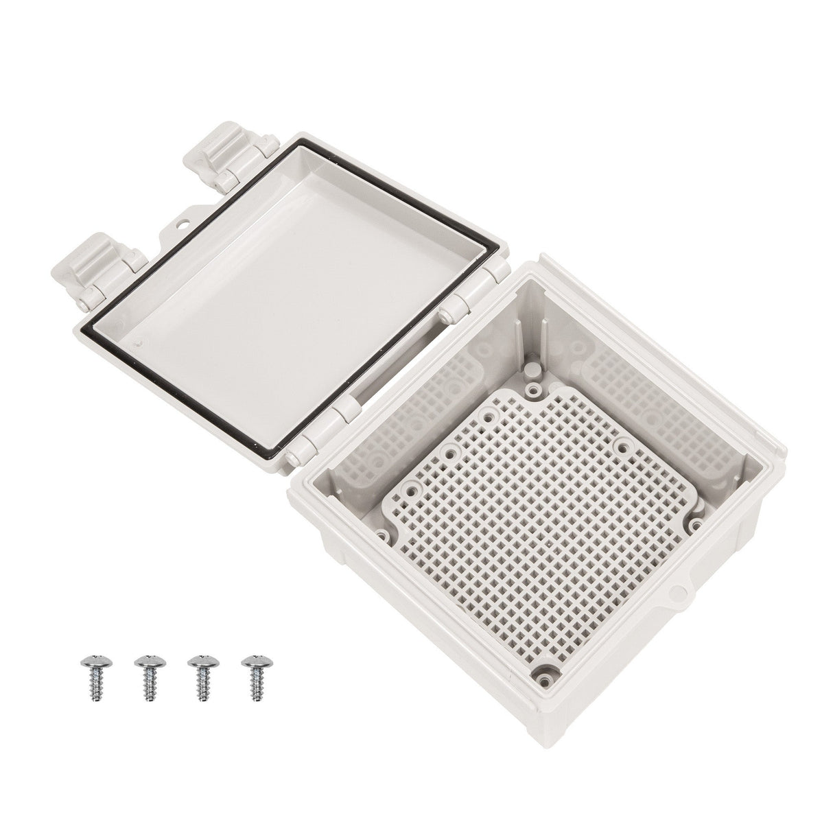 Boxco Q - series 5.91 x 5.91 x 3.54 Inches(150 x 150 x 90mm) Plastic Enclosure, IP67, IK08, ABS, Grey Cover, Hinge Type with Plate - BC-AGQ-151509G - powersupplymall.com